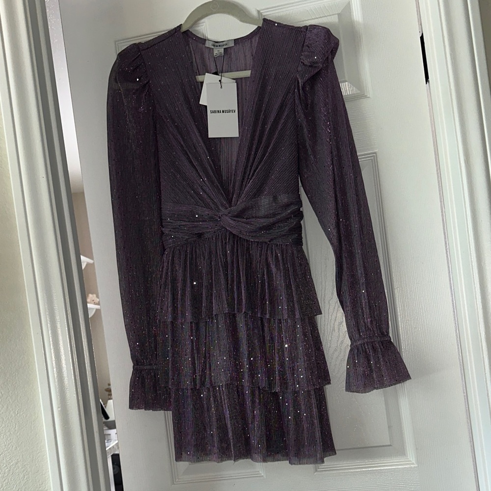 Sabina Musayev Plum Sparkle Long-Sleeve Tiered Mini Dress